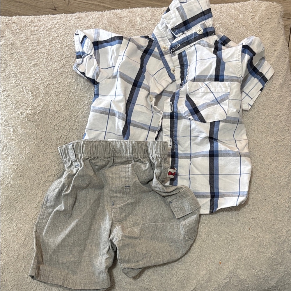 Plaid Button-Up Shirt and Gray Shorts Set